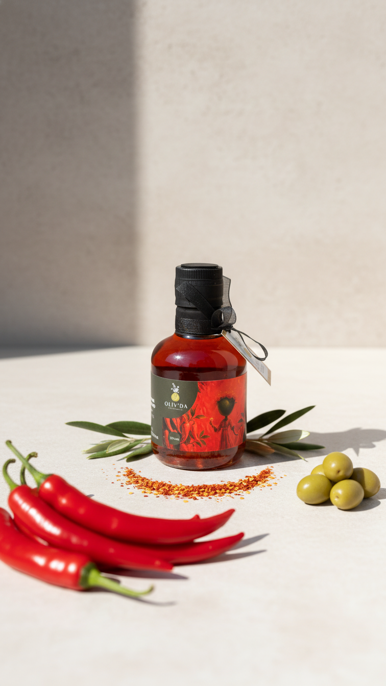 Kırmızı Acı Biber Çeşnili Natürel Sızma Soğuk Sıkım Zeytinyağı 250ml